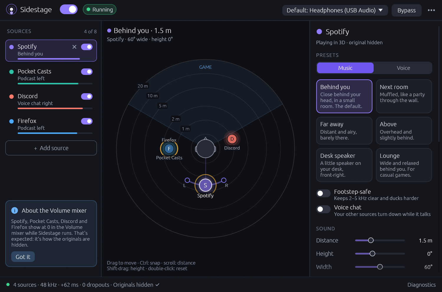 Four sources on the radar: Spotify behind, Pocket Casts and Firefox on the left, Discord on the right, each with its own colour.