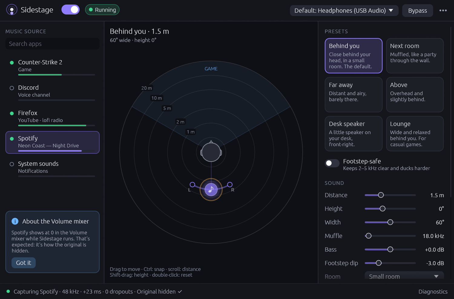 The Sidestage window: the app list on the left with Spotify selected, the radar in the middle with the music placed behind the listener at 1.5 metres and 60 degrees wide, and the presets and sound controls on the right.