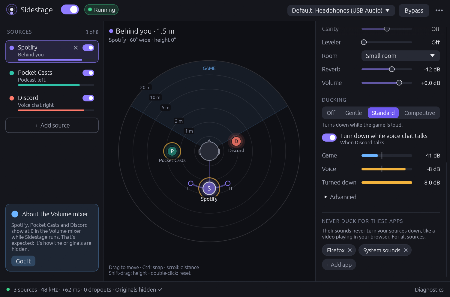 The ducking controls: Turn down while voice chat talks, when Discord talks; live Game, Voice and Turned down meters; and the Never duck for these apps list with Firefox and System sounds.