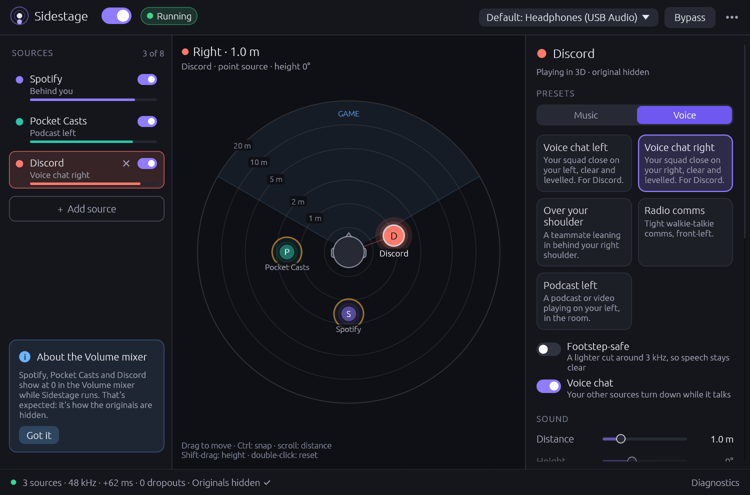 Discord selected with the Voice presets tab open: Voice chat left, Voice chat right, Over your shoulder, Radio comms and Podcast left, and the Voice chat switch that turns the other sources down while it talks.